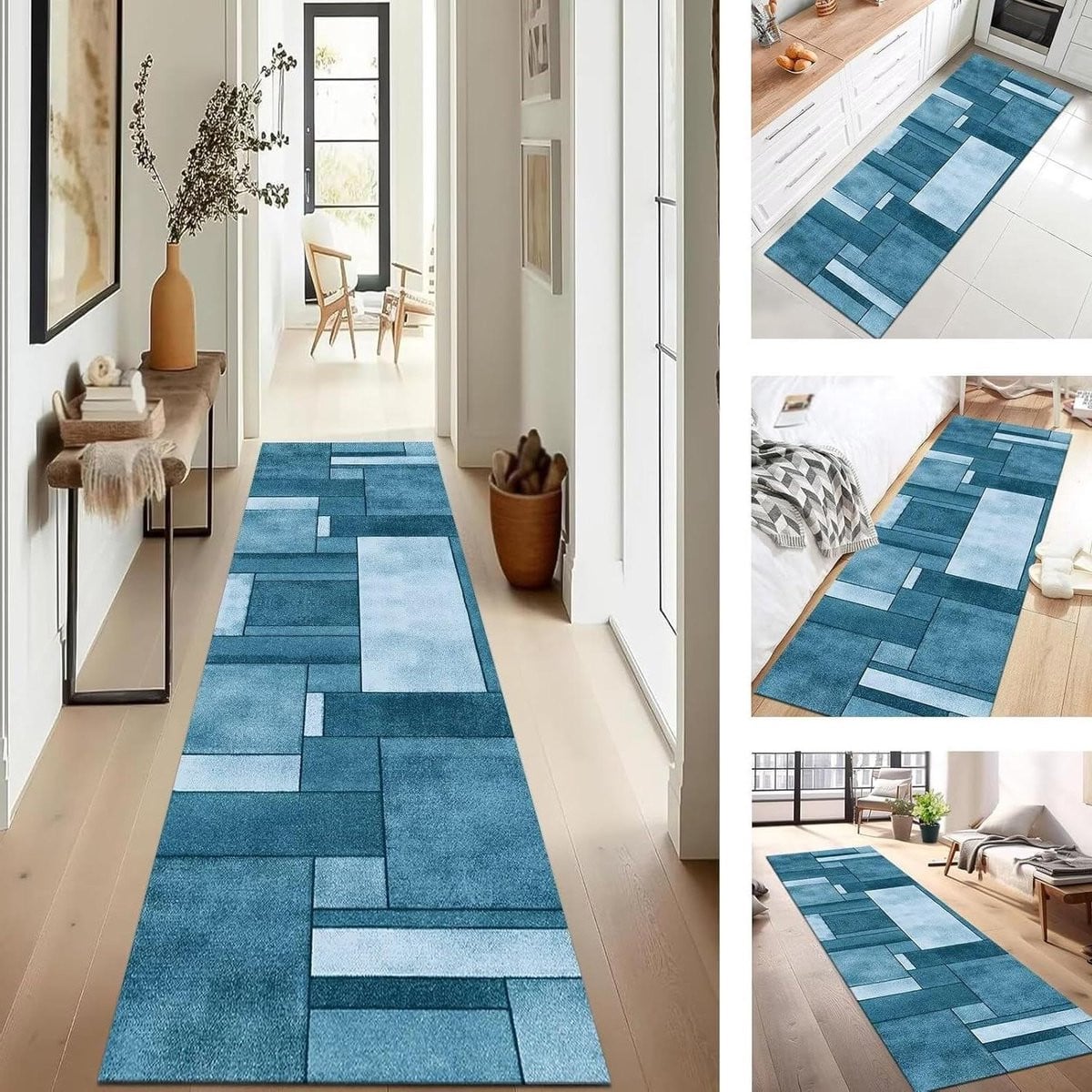 Blauwe geometrische keuken runner met antislip onderkant, 50 x 100 cm