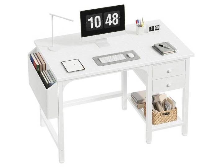 Bureau Blanc avec 2 Tiroirs de Rangement Petit PC Bureau 100cm Informatique pour Chambre Petit Espace Ado Fille
