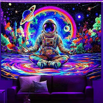 Schwarzlicht-Astronaut meditiert, Galaxie-Weltraum-Wandteppich, Neonplaneten, kosmischer Wandbehang, farbenfrohe UV-reaktive Sterne, himmlisches Universum, Raumdekoration für Schlafzimmer und
