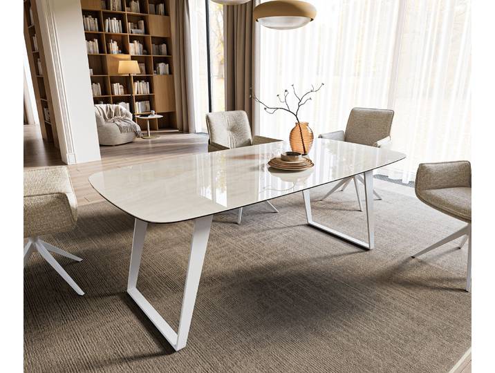 Esstisch Edge Boot 200x100 cm Keramik Onyx Champagne Metall Schräg Weiß, Esstische