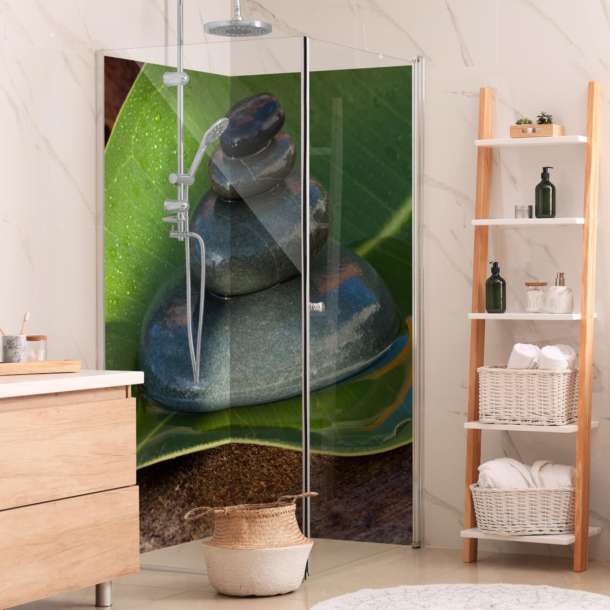 Duschrückwand Spirituell selbstklebend - 0.61 mm Wandpaneel wasserfest Design grün Motiv Badrückwand fugenlos Premium matt 100x200 cm
