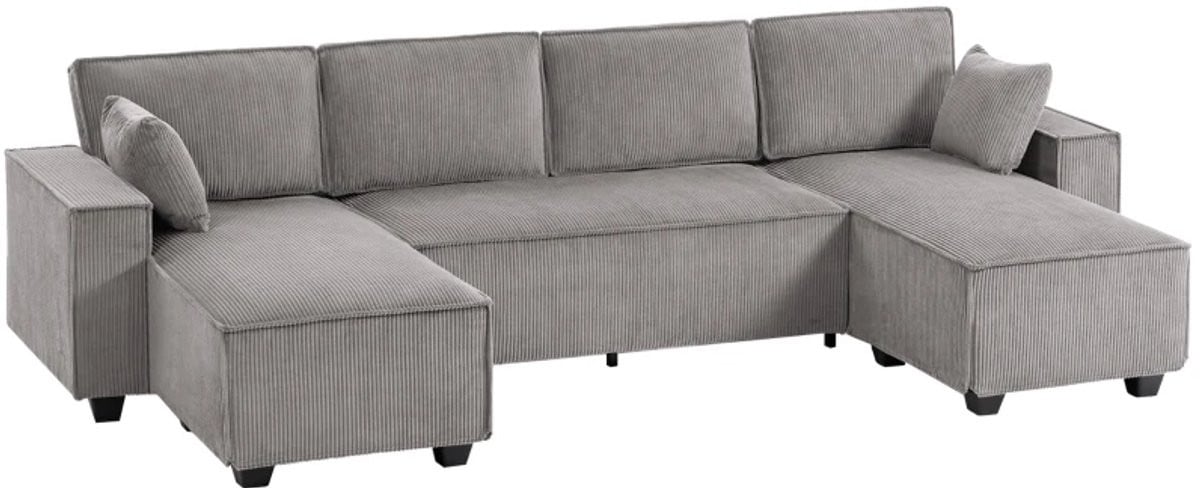 Lichtgrijze U-vormige Corduroy Hoekbank met Dubbele Chaise Longues en Binnenveringskussens