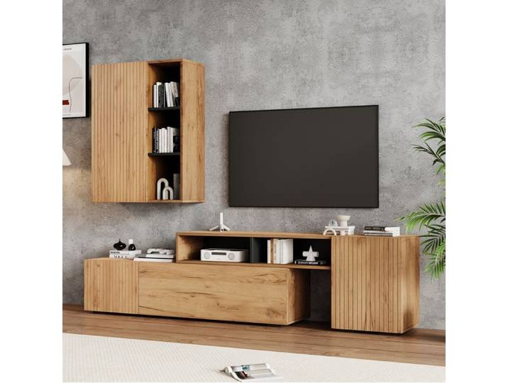 Ensemble mural TV 2 pièces bois naturel et noir meuble TV extensible 174-265 cm 4 portes 2 tiroirs