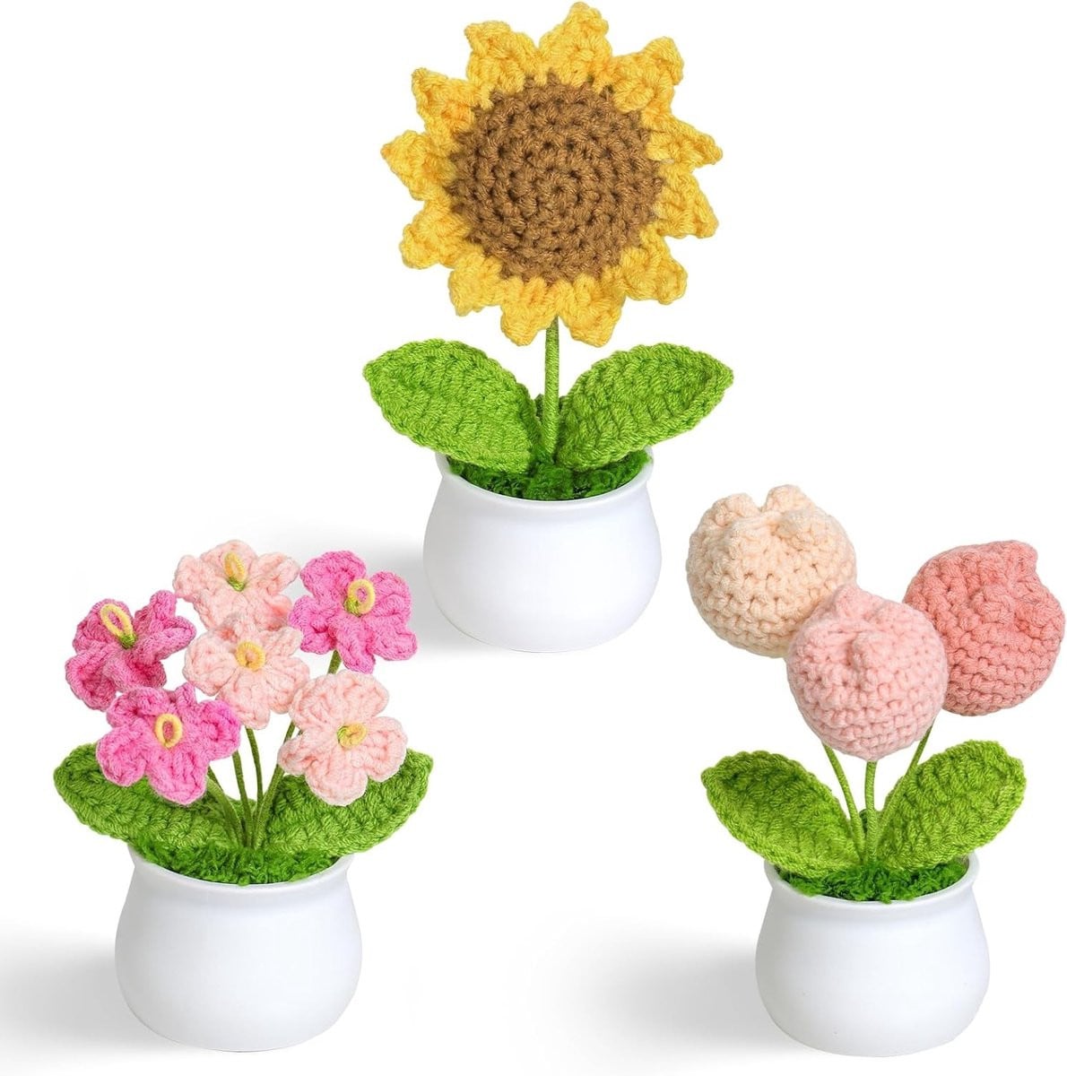 Handgemaakte gehaakte bloemen set voor emotionele ondersteuning en bureau decoratie