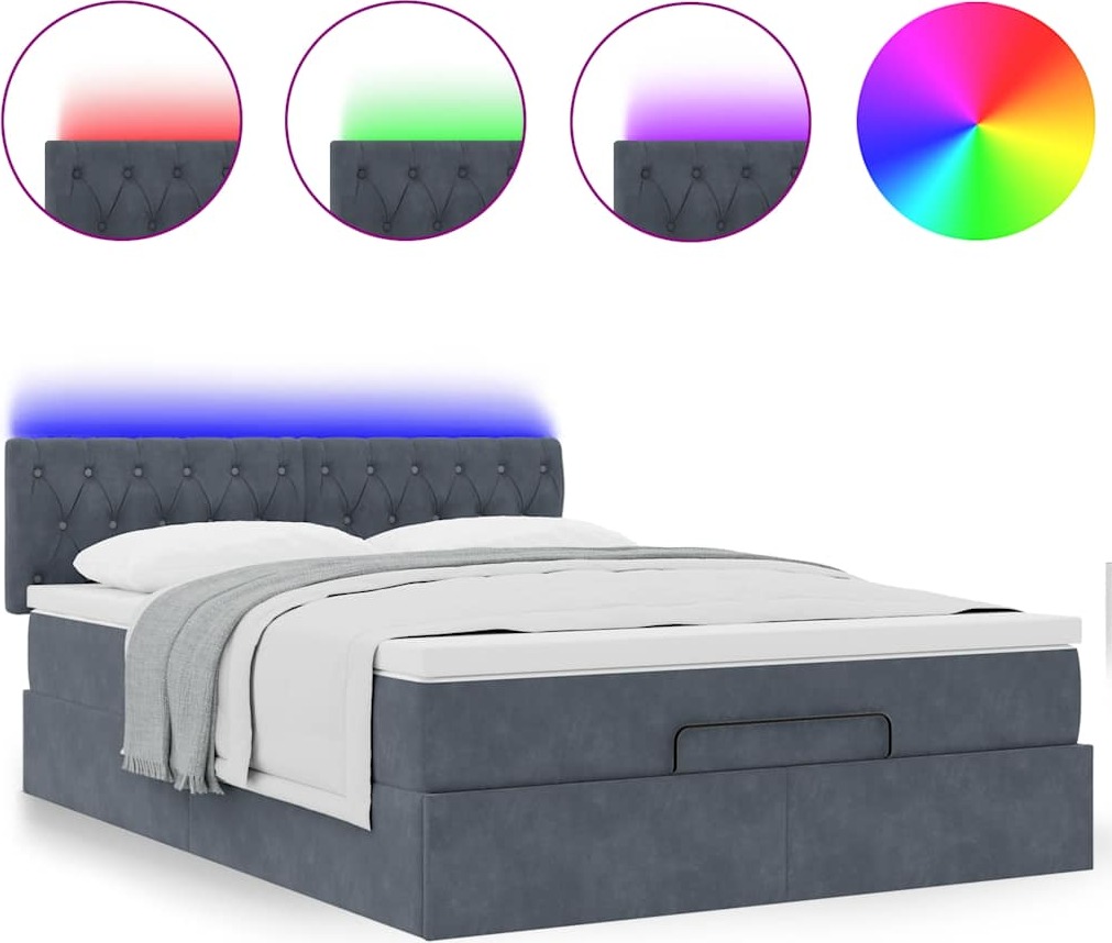 Ottoman-Bett, Stauraumbett mit hydraulischem Hebemechanismus, Samt, Taschenfederkernmatratze, 140x200 cm, Dunkelgrau, mit LED-Beleuchtung