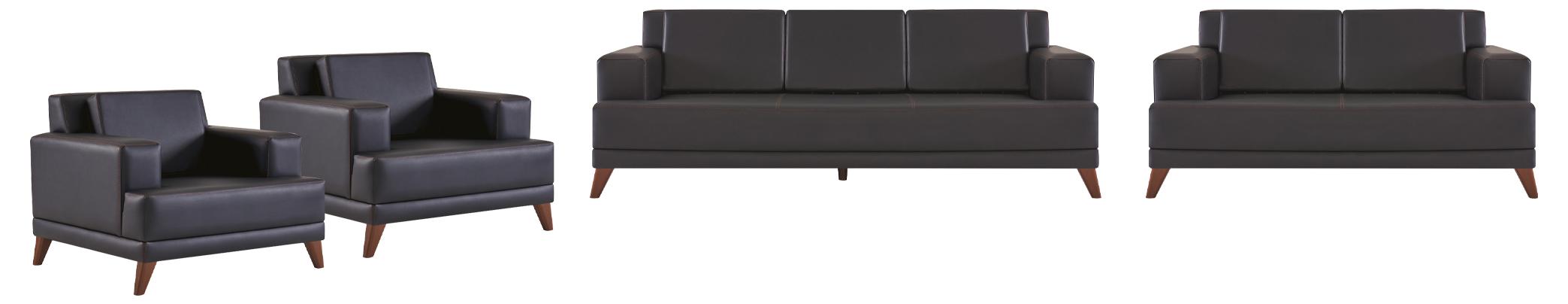 Ledersofas Set 3-Sitzer 2-Sitzer 2x Sessel Schwarz Polster Kissen Holz