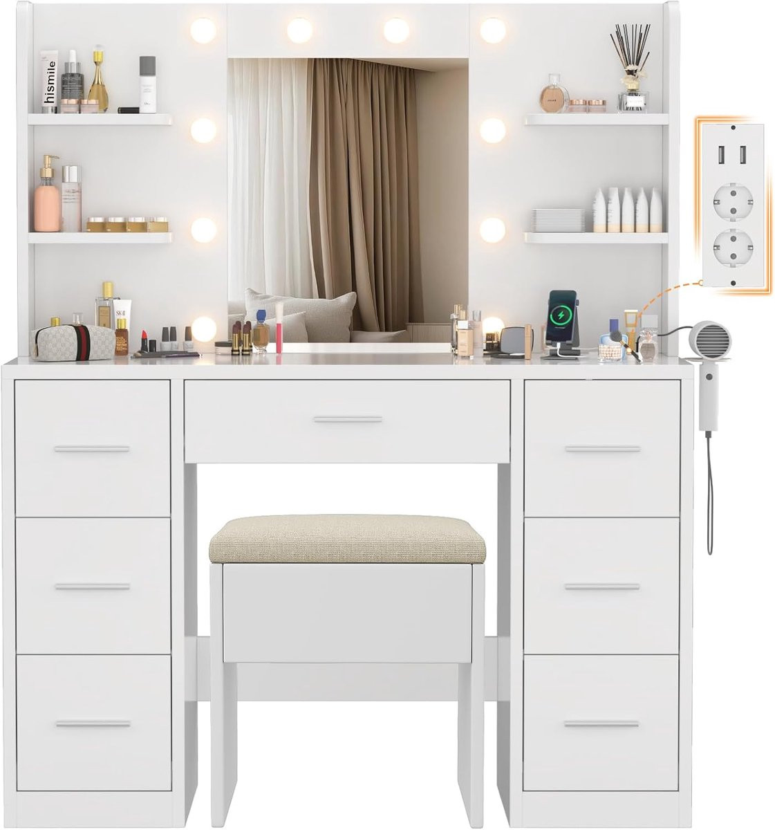 Moderne witte kaptafel met LED-spiegel, 7 laden en 6 planken voor in de slaapkamer