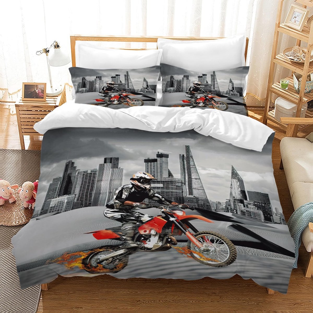 Motocross Dekbedovertrek Set met 3D Print en 2 Kussenslopen, 200 x 200 cm