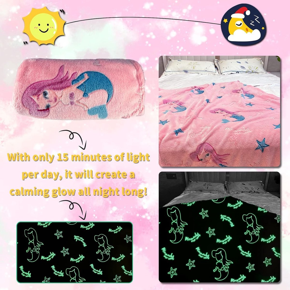 Zachte Glow in the Dark Deken voor Kinderen met Mermaid Motief, Flanel, 150 x 200 cm