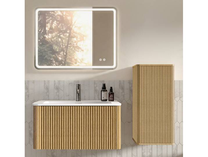 Meuble Salle De Bain Mural 81x46\,5x37 Cm En Mdf Chêne Avec Miroir Led Et Rangement – Meubliv