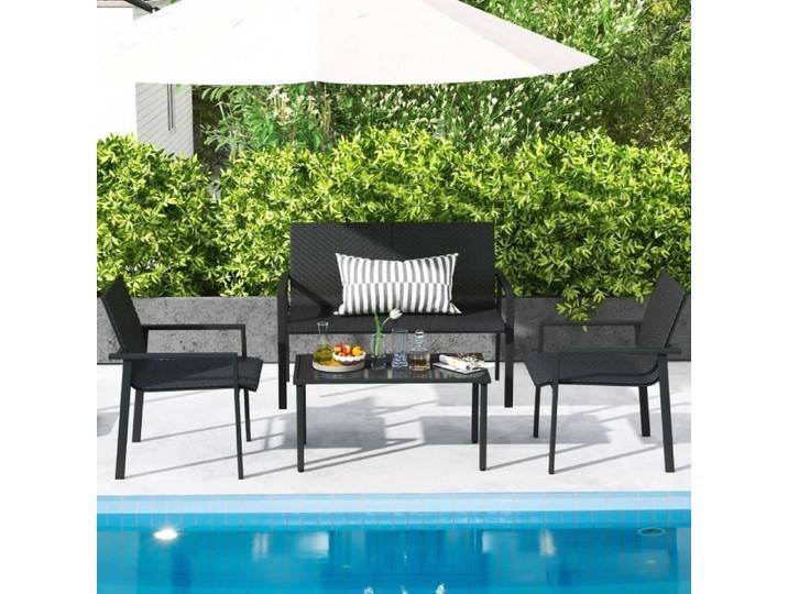 COSTWAY Ensemble 4 Pièces Table Basse et Chaises de Jardin en Osier Ensemble Meubles de Patio pour Balcon Terrasse Cour Noir