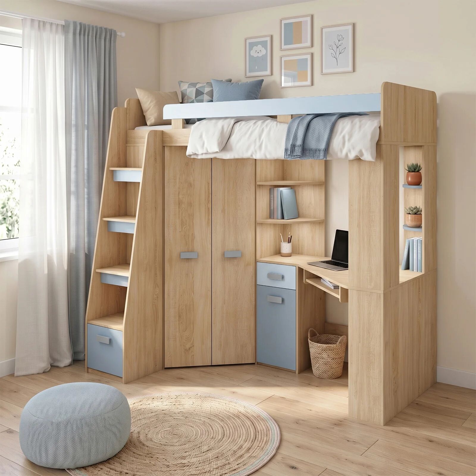 garneroarredamenti Letto a soppalco 204x120cm sinistra rovere blu Dollie Gihome®