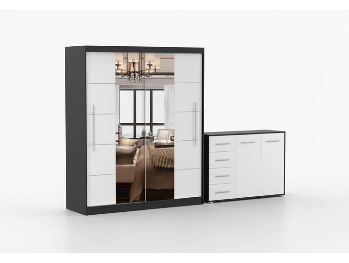 Schwebetürenschrank und Kommode 2er-Set TORINO III/FRIDA 01 Schwarz Weiß + Spiegel