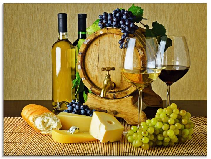 Glasbild ARTLAND Käse, Wein und Trauben , gelb (farbe bild(er): gelb), B:80cm H:60cm, Bilder, Glasbild, in verschiedenen Grössen