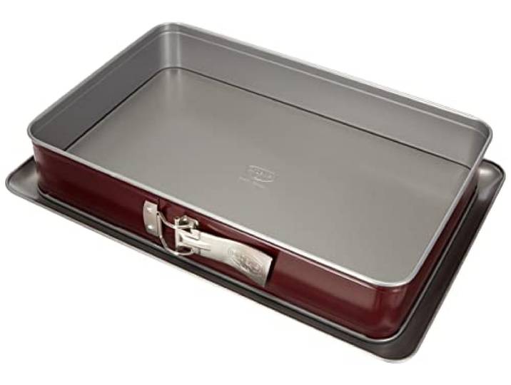 Dr. Oetker Rechteck-Springform 38 x 25 cm BICOLOR, eckiges Kuchenblech mit zweifarbiger Antihaftbeschichtung, hochwertige Backform mit ausgezeichneter Wärmeleitung (Farbe: Rot/Grau), Menge: 1 Stück