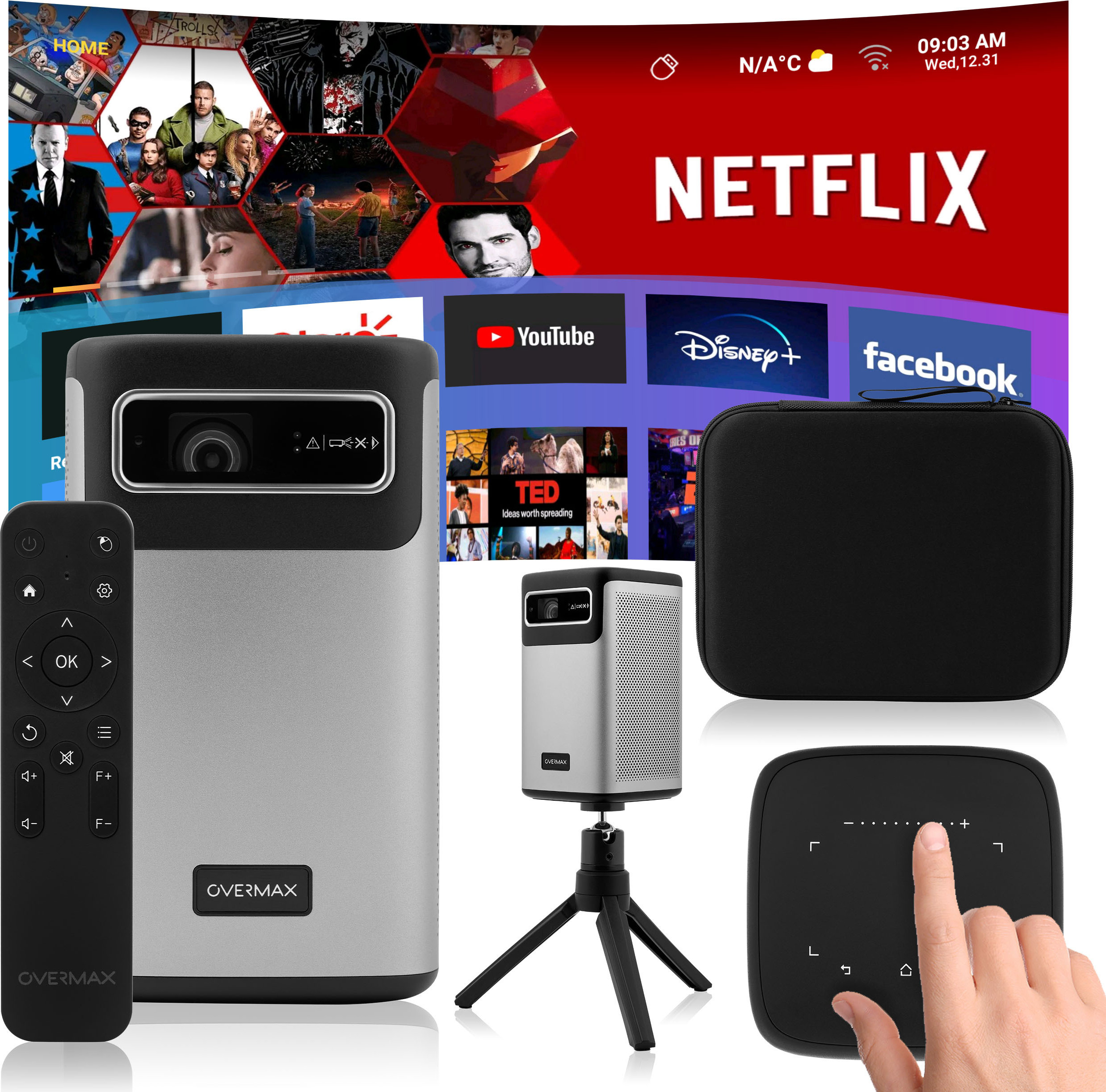 Overmax Beamer Multipic 8.1 Auflösung bis zu 4K, AUTO FOCUS, kabellose Projektion für bis zu 2,5 Stunden, kabellose Internetverbindung