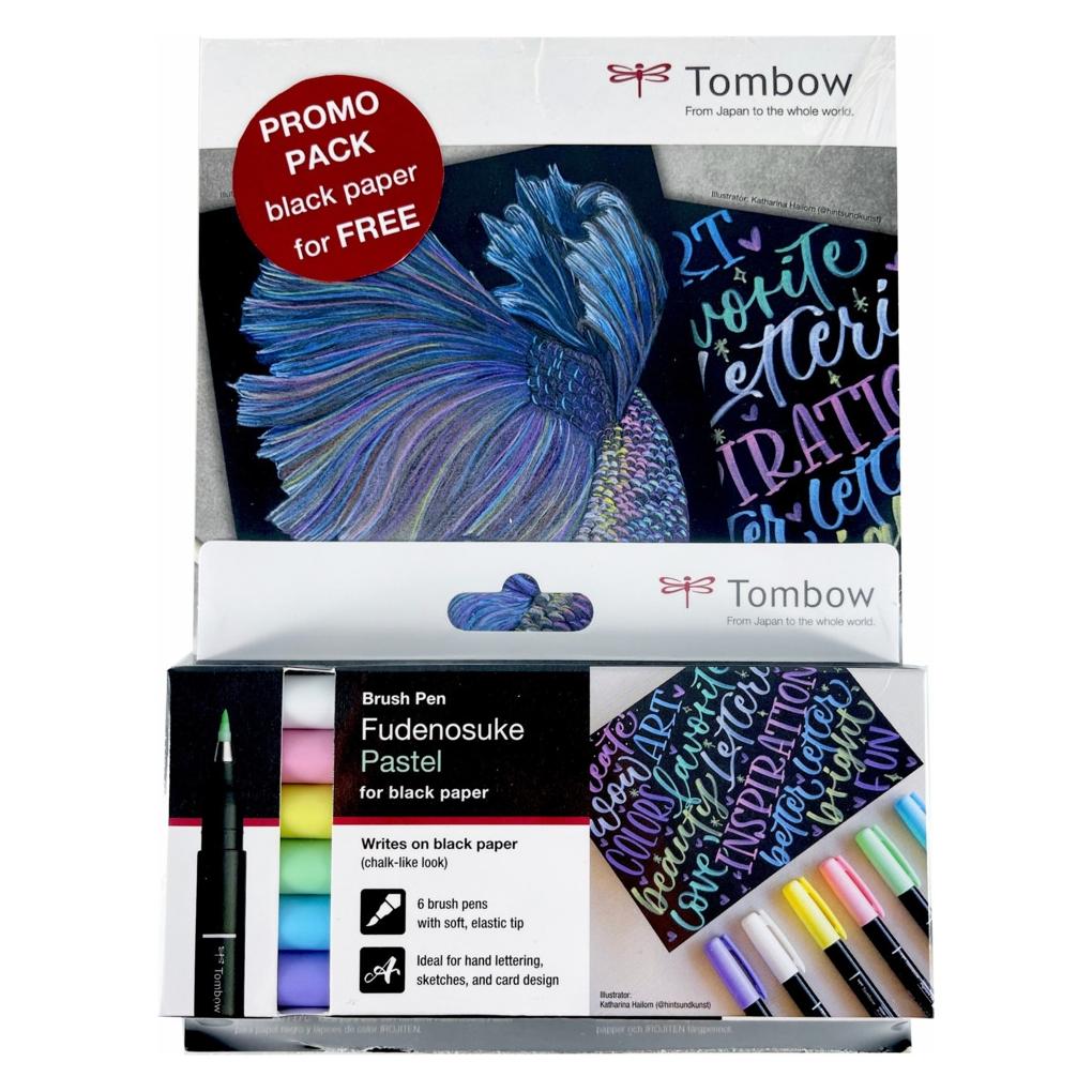 Tombow Brush Pen Fudenosuke pastel 6er Set + schwarzes Papier gratis (6x) (72023493)
