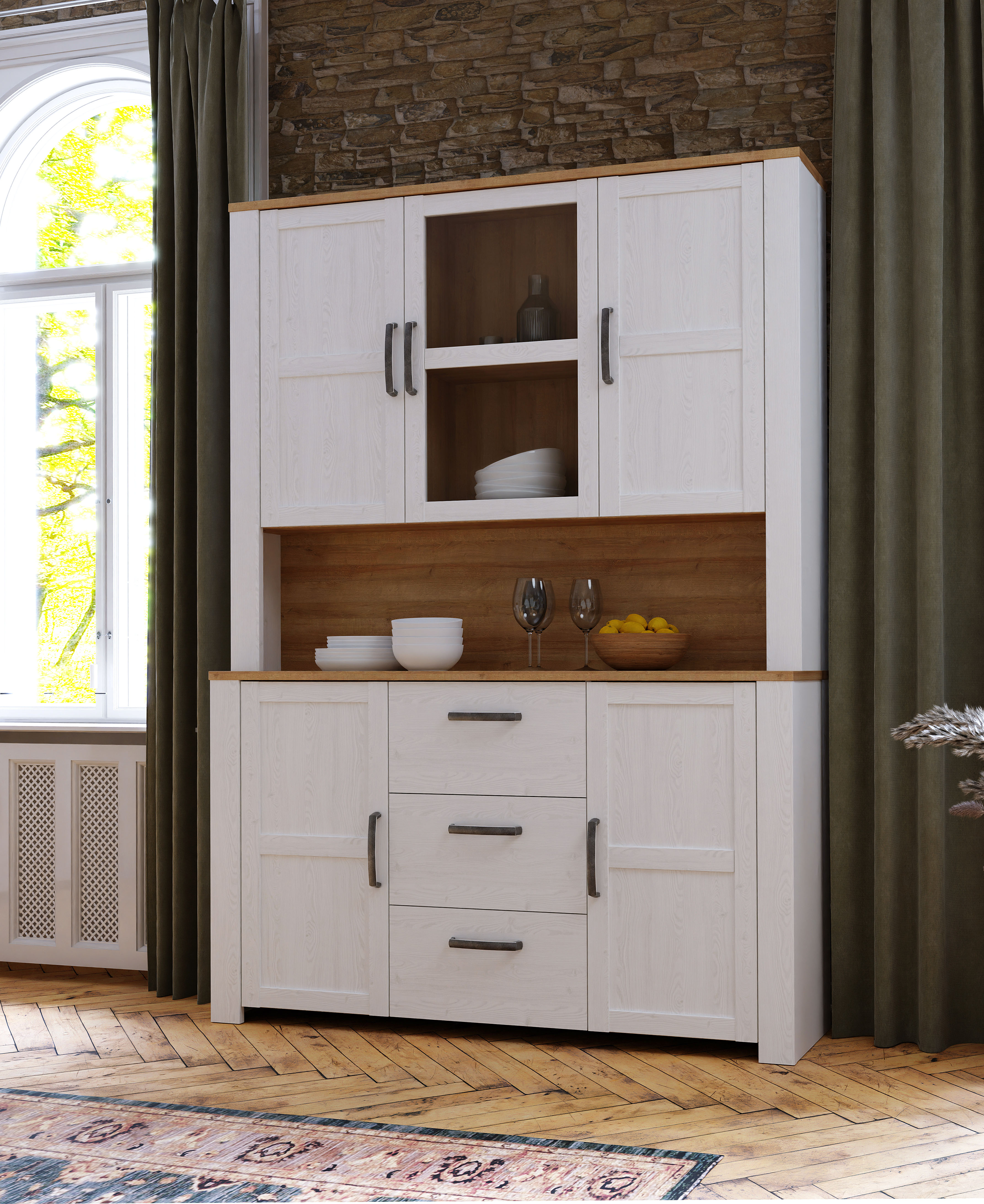 Buffet FORTE "Bohol, großes Highboard,4Türen, 1 Glastüre, 3 Schubkästen", weiß (riviera eiche, sibiu lärche hell), B:146,1cm H:205,4cm T:42cm, Glas, Schränke, Buffet, B/H/T 146,1/205,4/42 cm, sehr viel Stauraum