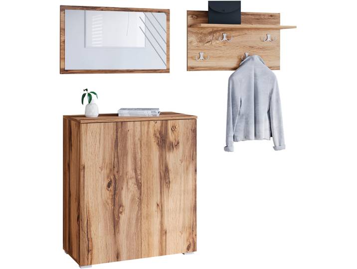 Garderoben-Set GOODPRODUCT PARIS/ TOKYO , braun (votan eichefarben, votan eichefarben), B:150cm H:80cm T:35cm, Kastenmöbel-Sets, Garderoben-Set, Kompaktgarderobe Breite 150cm mit Spiegel für Ihren Eingangsbereich
