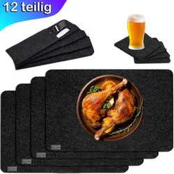 saltibo - 12 teiliges Platzset inkl. Untersetzer und Bestecktaschen aus Filz - Premium Qualität - abwaschbar/waschbar, in Anthrazit-Grau, dunkelgrau