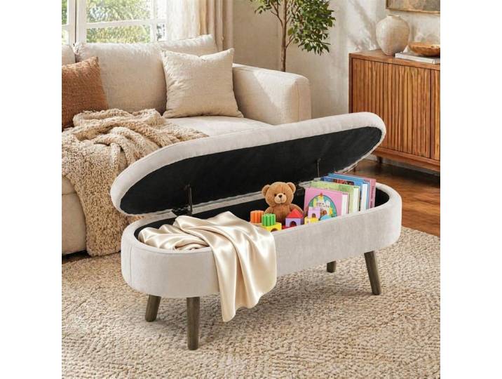 Banc de rangement ovale 2 en 1 avec coffre et charnière amortie - MODENVIE - bois massif chenille beige 110 × 40 × 42 cm