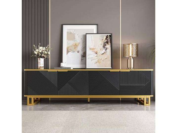 FammyLoft TV Schrank mit Geometrische Textur, Lowboard mit Stauraum, Fernsehtisch mit Dreidimensionale Prägemuster, Moderner TV Sideboard, TV Kommode, für Wohnzimmer/Flur, 160cm, Schwarz