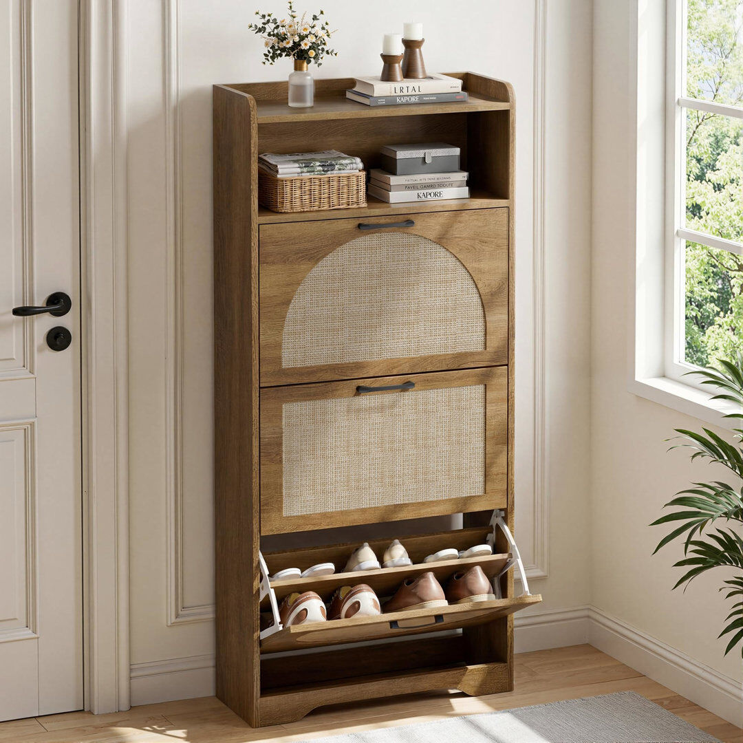 Bloomsbury Market 12 Pair Solid Wood Shoe Storage Cabinet Rattan 12