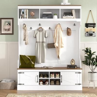 Farmhouse Hall Tree Entryway Storage Unit, Mudroom Organizer with Cushioned Bench, Coat Hooks, Drawers & Open Shelves