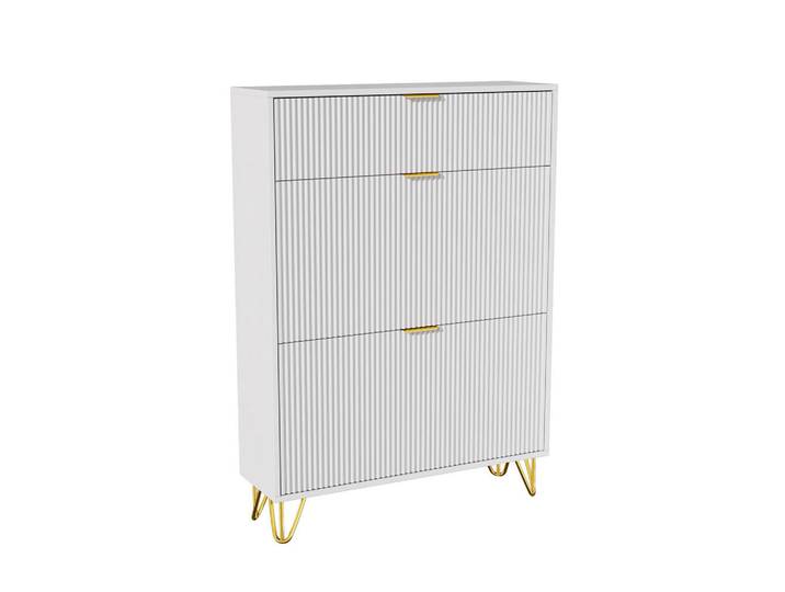 Shopentra Schuhschrank Weiß mit Wellenfronten & Goldfüßen, 24x118.5x80 cm, Garderobe, Schuhaufbewahrung, Schuhkipper