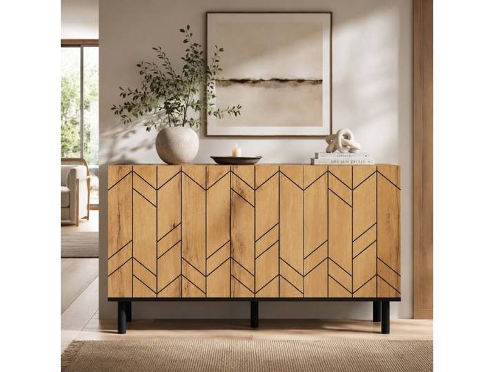 Buffet Moderne Bois Naturel 120 cm avec 3 Portes Motif Ondulé Pieds Métal Noir et Rangements