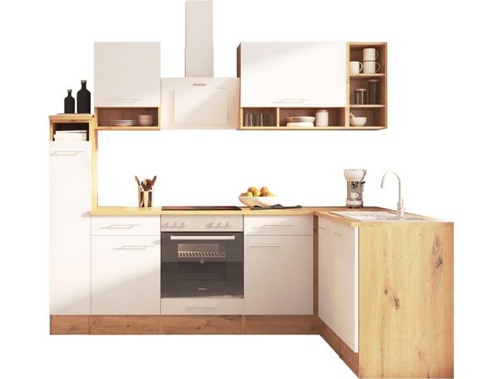 Winkelküche RESPEKTA Hilde , weiß (küche: weiß, front: weiß, korpus: wildeiche nachbildung, arbeitsplatte: wildeiche nachbildung), B:250cm H:205cm T:172cm, Komplettküchen-Sets, Breite 250 cm, wechselseitig aufbaubar, exkl. Konfiguration für OTTO