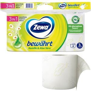 Zewa Toilettenpapier bewährt Kamille & Aloe Vera, 3-lagig, Tissue, 150 Blatt, 8 Rollen