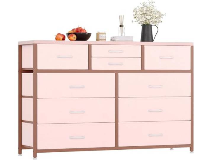 Kommode mit 10 Stoffschubladen, Stahlrahmen und Holzplatte Leicht zu ziehende Griffe, Aufbewahrung für Schlafzimmer, Flur und Kleiderschrank