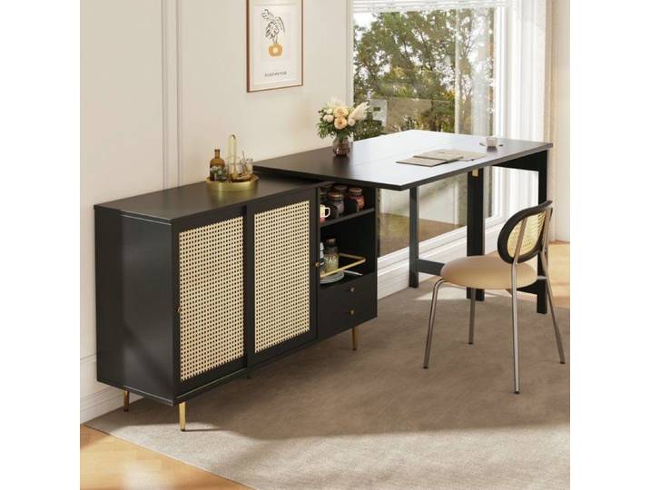 Table haute pivotante à 360° (Dimensions : 107 x 40 x 71 4 cm) avec placard intégré à portes en rotin et étagère ouverte noire