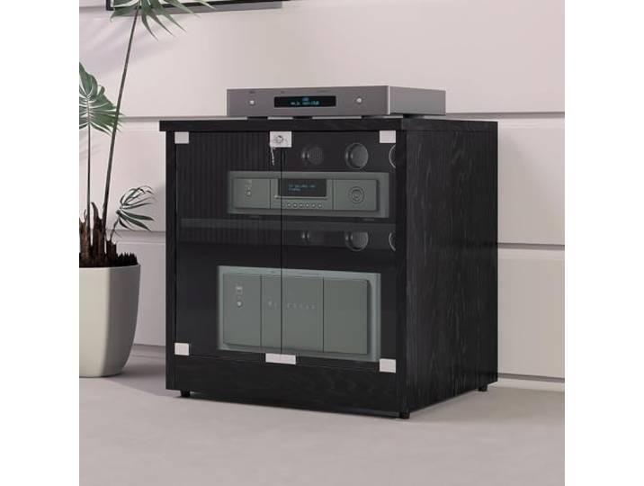 Medien Schrank, AV Stereo Rack mit Verstellbaren Ablagen und Glastüren Verstellbare Ablagen, Glastüren, Kabelmanagement, für CD-Player, Plattenspieler, Stereo-Receiver und Mediengeräte