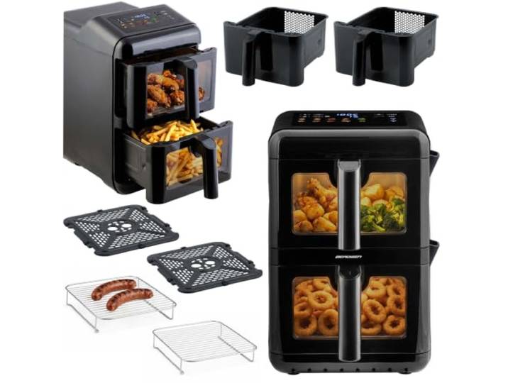 Berdsen Heißluftfritteuse Airfryer - 11,6 l - Doppelkammer vertikal 2 x 5,8 l - 3000 W, 9 Programme, Touchscreen und LED-Sichtfenster - Backen, Grillen und Dörren - Schwarz