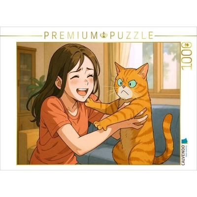 CALVENDO Puzzle Frau umarmt Katze, die das nicht will | 1000 Teile Lege-Größe 64x48cm Foto-Puzzle für glückliche Stunden