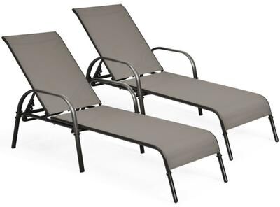 Costway 2 Pcs Outdoor Patio Lounge Chair Chaise Fabric with Adjustable Reclining Armrest-Brown