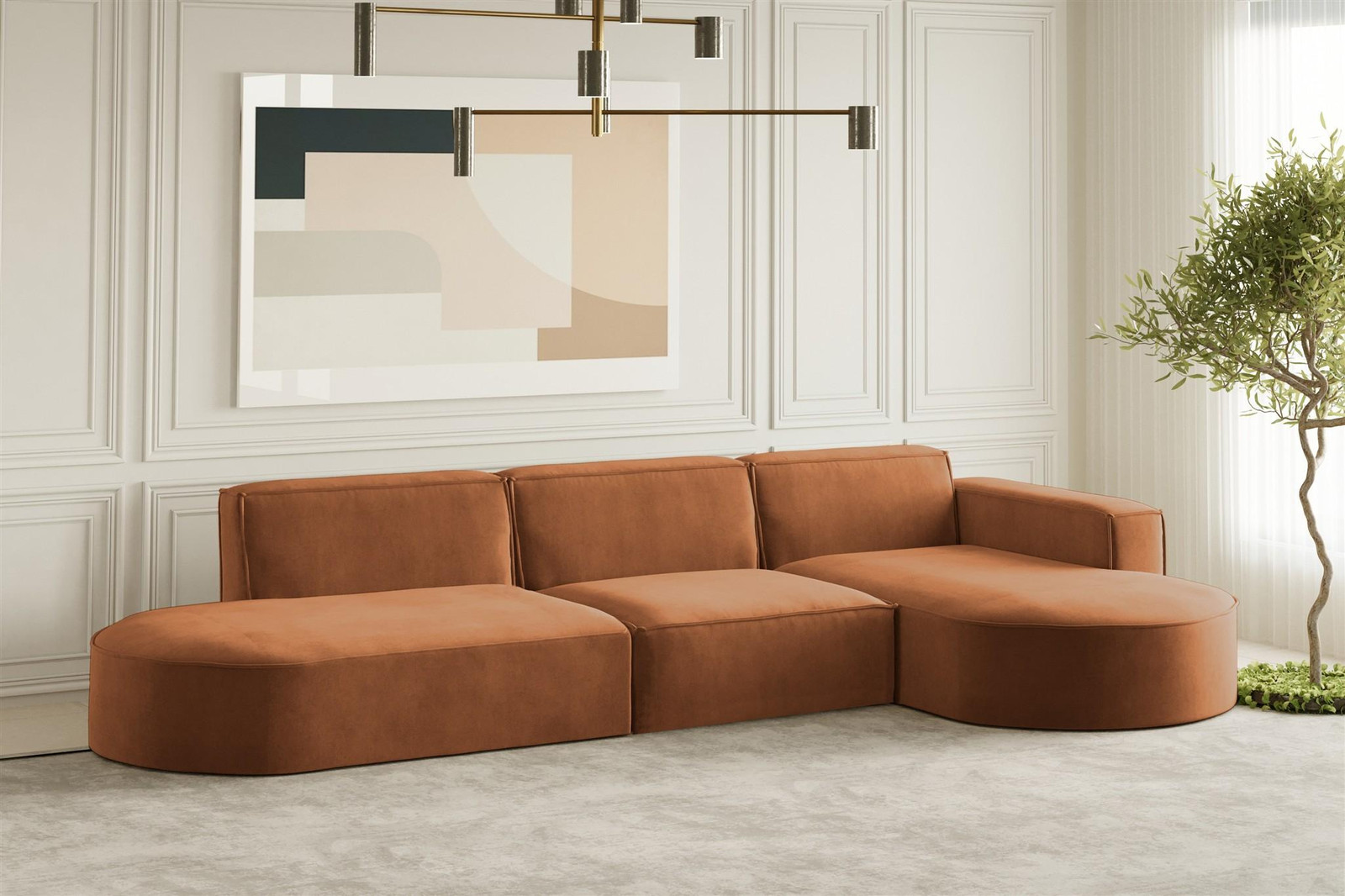 Designbank PALMA hoekbank met hocker aan de rechterkant, stof Noel, kleirood