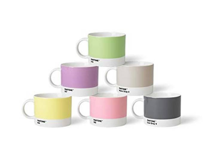 Pantone Porzellan Teebecher 6er-Set, 6 Teetassen à 475 ml, tea mit Henkel, spülmaschinenfest, Pastellfarben