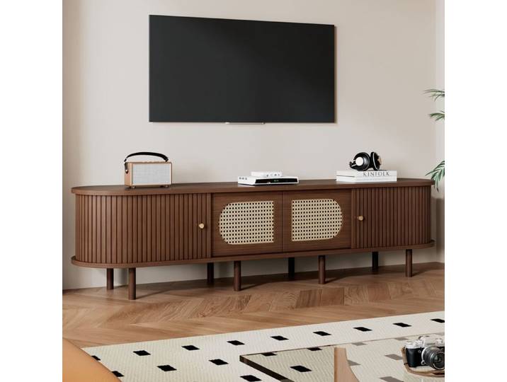 Meuble TV Ovale en Noyer Foncé Banc TV avec 2 Portes Coulissantes et 2 Portes en Rotin Meuble TV de Rangement de Salon 180x40x40cm