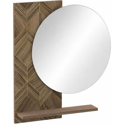 Spiegel SCHILDMEYER "Glenn, mit Ablage & Paneel in Art-Déco Design, Made in Germany", braun (nussbaum matt, nussbaum art, déco), B:65cm H:75cm T:11,2cm Ø:55cm, Holzwerkstoff, Spiegel, Rückwandpaneel Art-Déco-inspiriertes Design, Made in Germany