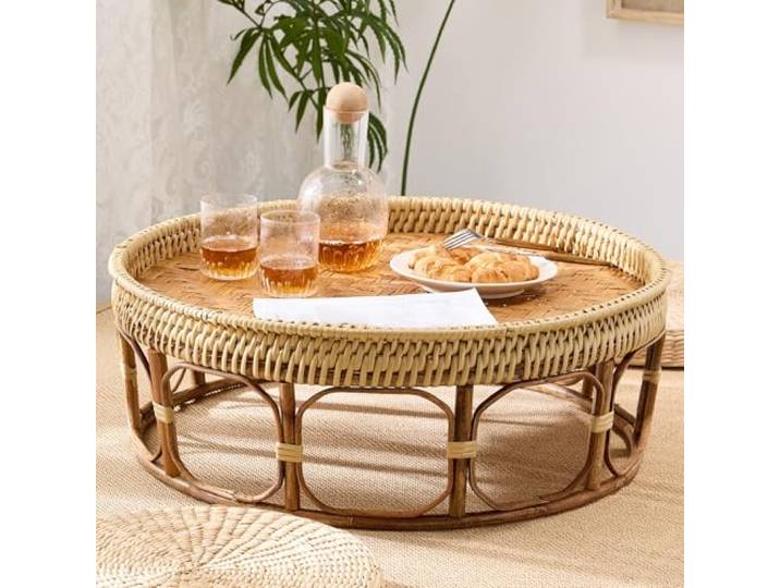 JINGSHIQIAOPL Japanischer Tatami-Couchtisch, Rattan Runder Niedriger Tisch, Japanische Möbel für Wohnzimmer, Schlafzimmer und Picknick Im Freien(66x66cm/26x26in)