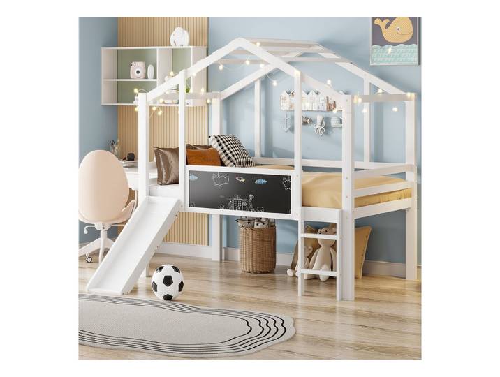 MODFU Kinderbett mit integrierte Blackboard-Tafel (Funktionsbett mit Sicherheitsleiter, Spiel- & Schlafbereich, Holzbett 90×200 cm), ohne Matratze