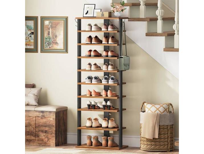 HOOBRO Étagère à Chaussures à 10 Niveaux Porte-Chaussures avec 2 Crochets Meuble à Chaussures Stable Marron Rustique
