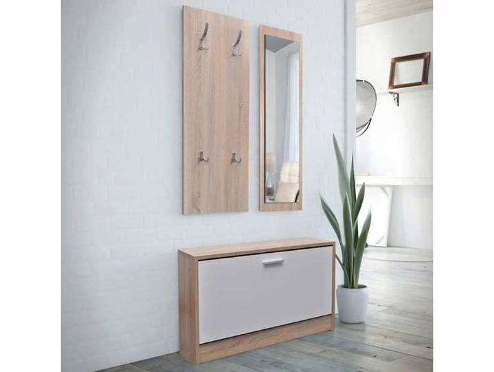 Moderne Armoire à chaussures 3-en-1 - Bois - Chêne et - blanc - 80x27x46.5 cm - Meuble d Entrée Couloir @FR 8768