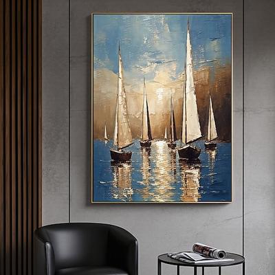 Handgemaltes Segelbootbild, abstrakte Meereslandschaft, strukturierte Acryl-Ölmalerei, strukturierte Segelboote, Wandkunst, abstrakte Ozeankunst