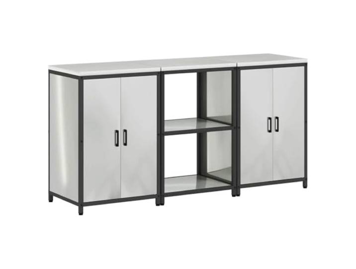 KUPTYERFG 3-TLG Küchenregal Set HATTEM Metall Anrichte Silber Robuste 3-teilige Kombi aus verzinktem Stahl für die Küche und Speisekammer, 6 Regalböden & 4 Türen bieten viel Stauraum.