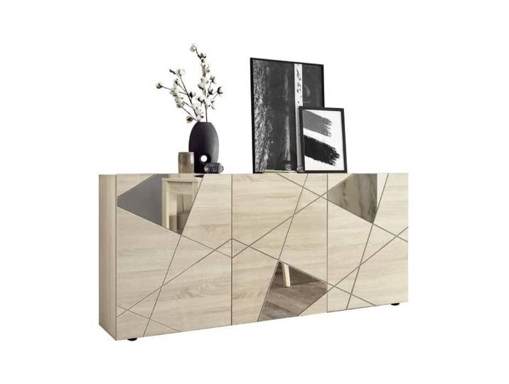 Buffet VICTORY - Décor Chêne Sonoma - 3 Portes - Miroir - L 181 x P 42 x H 84 cm
