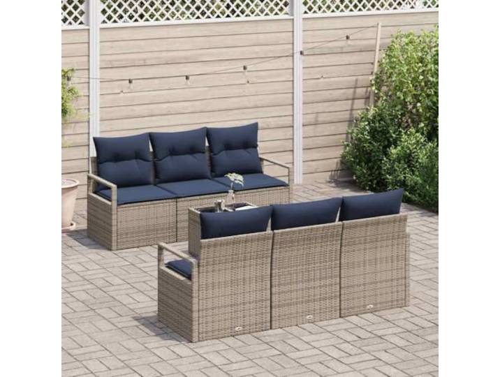 KTHLBRH Gartenmöbel-Set aus Polyrattan, 7-teilig, Grau und Marineblau Modulares Eckregal aus Stahl, für Terrasse, einfach zu montieren